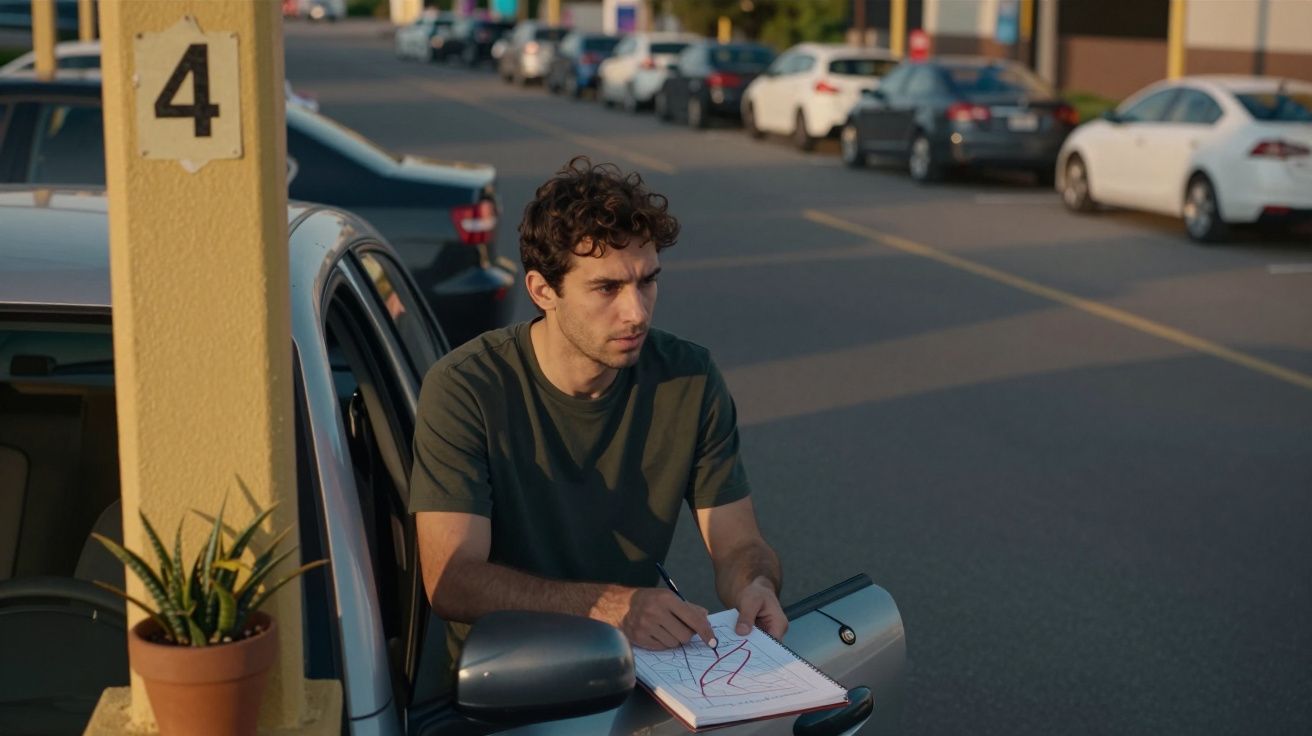 Homem escrevendo num caderno sobre o capô de um carro cinzento, ao lado de um poste marcado com o número quatro.
