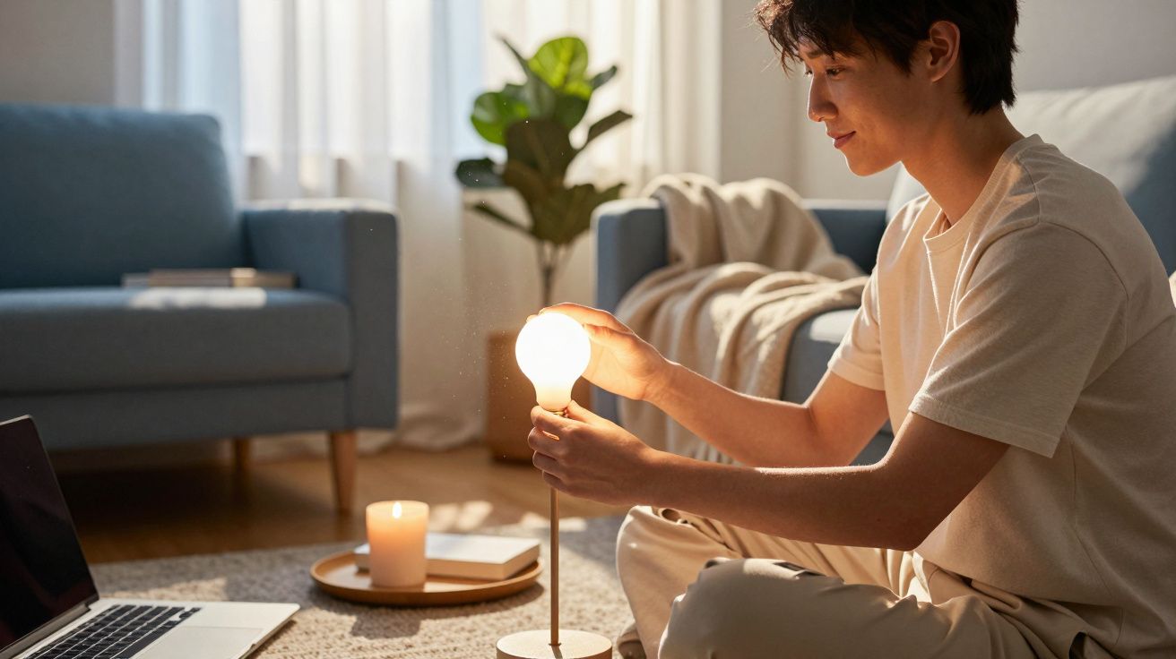 Jovem sentado no chão iluminando uma lâmpada em casa aconchegante com sofá e planta ao fundo.