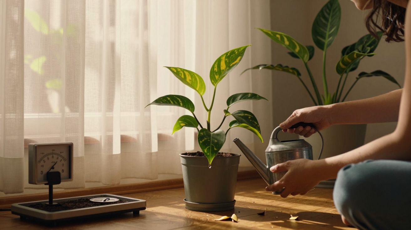 Pessoa a regar uma planta em vaso perto de uma janela com cortinas, sob luz solar.