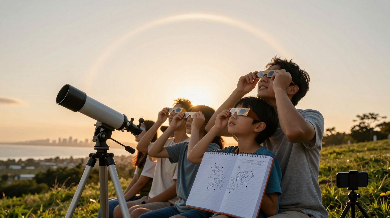 Família observa eclipse solar com óculos especiais, junto a telescópio e caderno de anotações, numa colina ao pôr do sol.