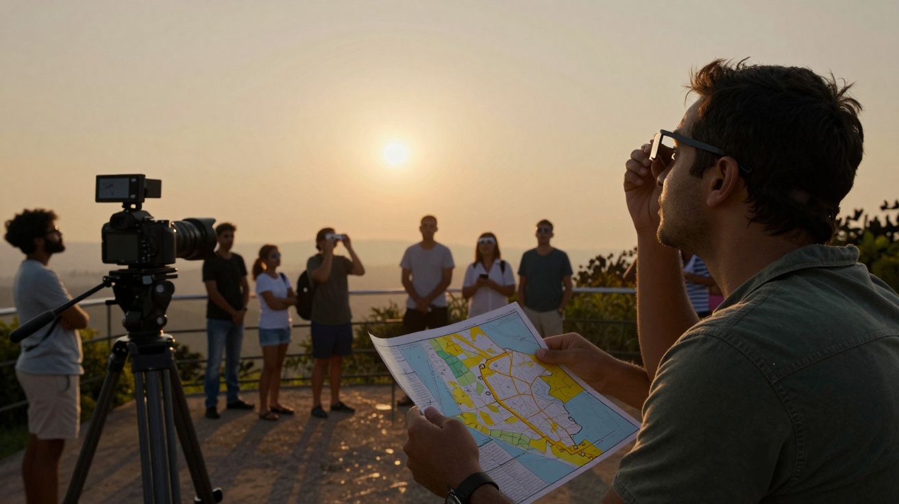 Grupo de pessoas ao por do sol; homem em primeiro plano segura mapa, outro ajusta óculos; câmara ao lado.