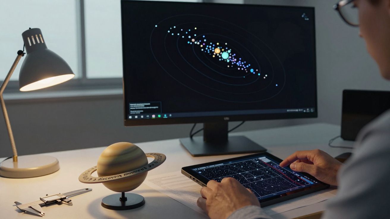 Pessoa a usar tablet com mapa estelar, tela exibe sistema solar. Lâmpada e modelo de Saturno na secretária.