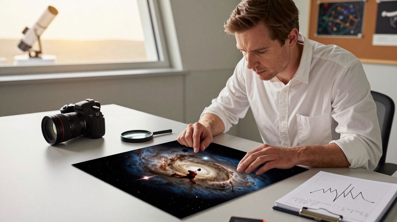 Homem examina imagem de galáxia numa mesa com câmara, lupa e gráficos ao fundo.