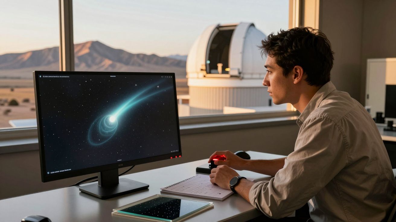 Homem observando imagem de corpo celeste num monitor, com um observatório ao fundo, em ambiente de montanha.