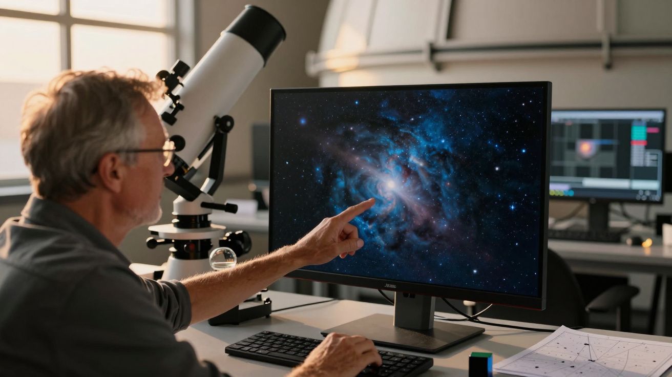 Astrónomo analisa imagem de galáxia num monitor com telescópio ao lado, num ambiente de observatório.