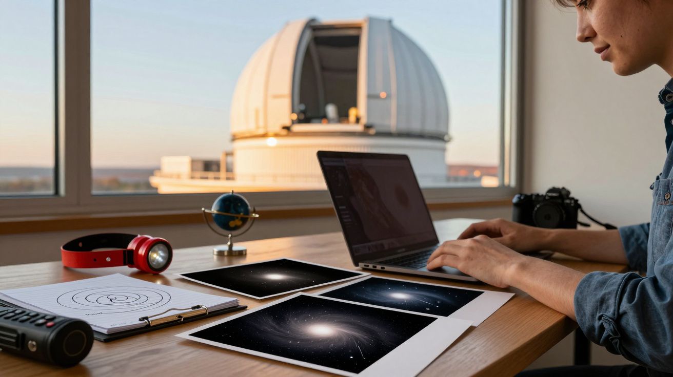 Pessoa trabalha no portátil observando imagens de galáxias numa mesa, com um observatório ao fundo.