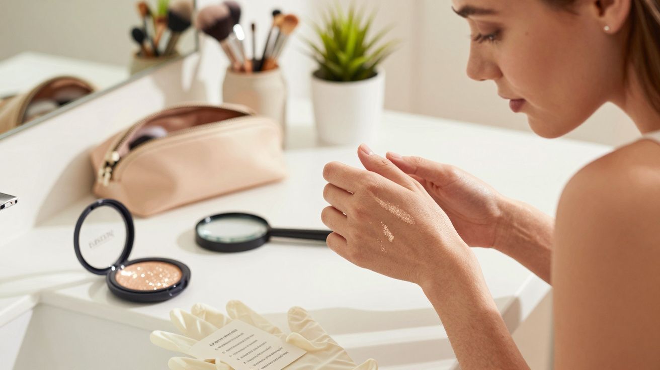 Mulher aplica maquilhagem na mão numa mesa com produtos de beleza, plantas e pincéis ao fundo.
