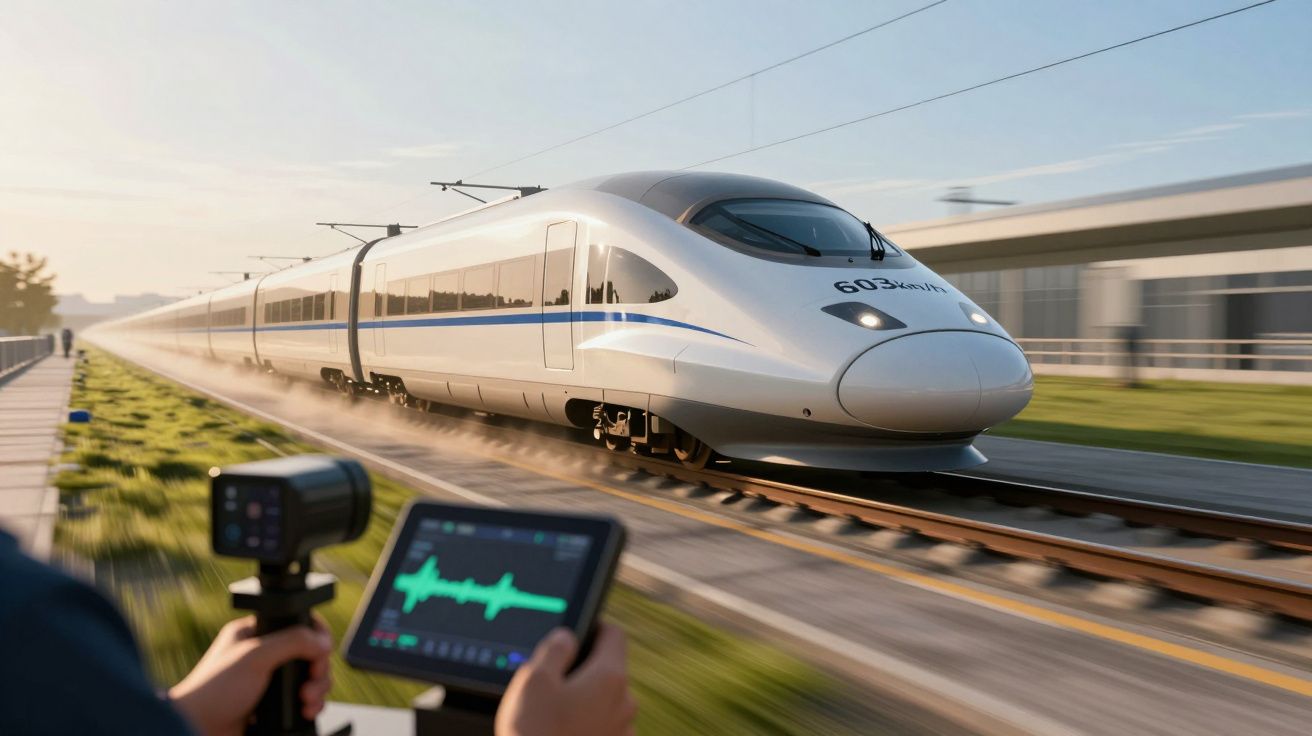 Comboio de alta velocidade a circular em trilhos, medido por pessoa com dispositivo de monitorização no primeiro plano.