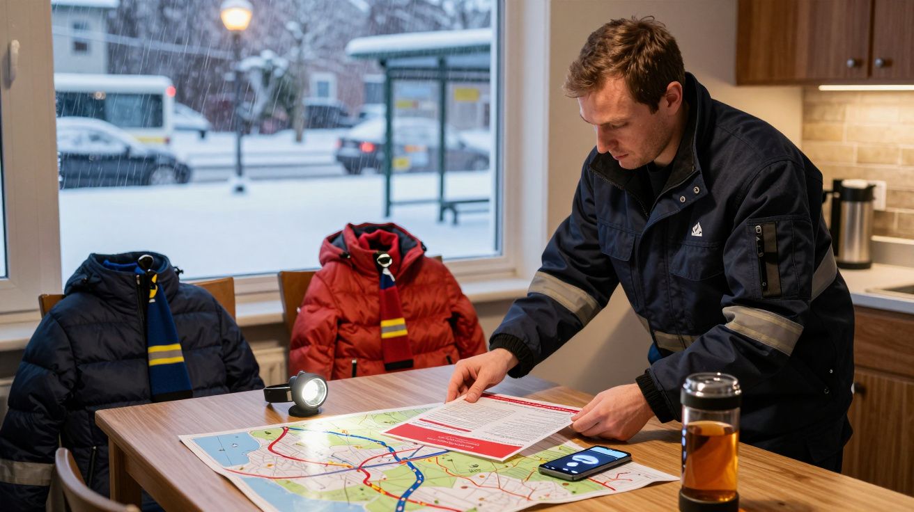 Homem examina mapa e documentos em mesa de cozinha, com lanternas e roupa de inverno; neve visível pela janela.