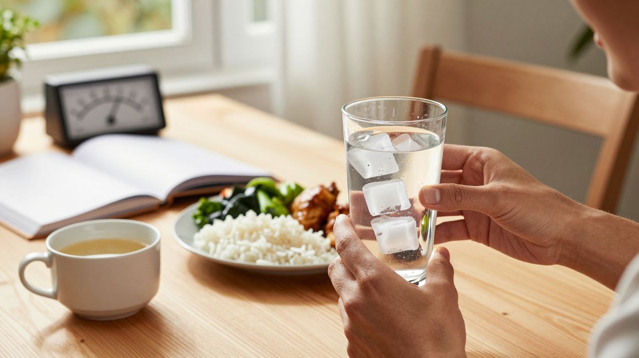 Pessoa segurando copo de água com gelo numa mesa com chávena de chá, prato de comida e caderno aberto.
