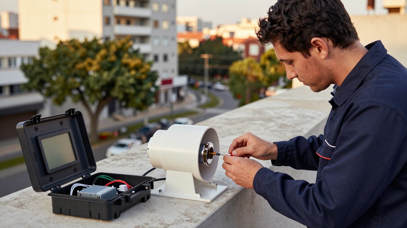 Homem ajusta aparelho técnico num telhado, ao lado de caixa de equipamentos, com vista para edifícios e árvores ao fundo.
