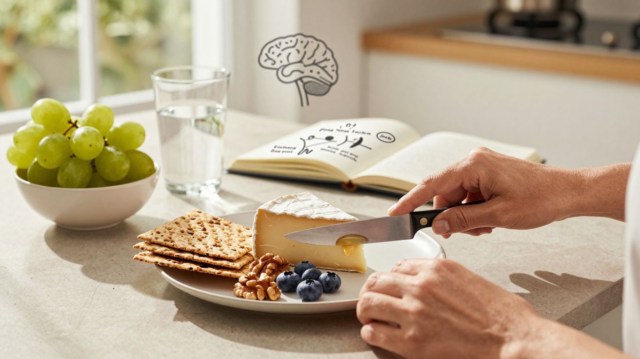 Pessoa corta queijo numa tábua com bolachas, nozes e mirtilos. Uvas e copo de água ao lado, com livro aberto ao fundo.