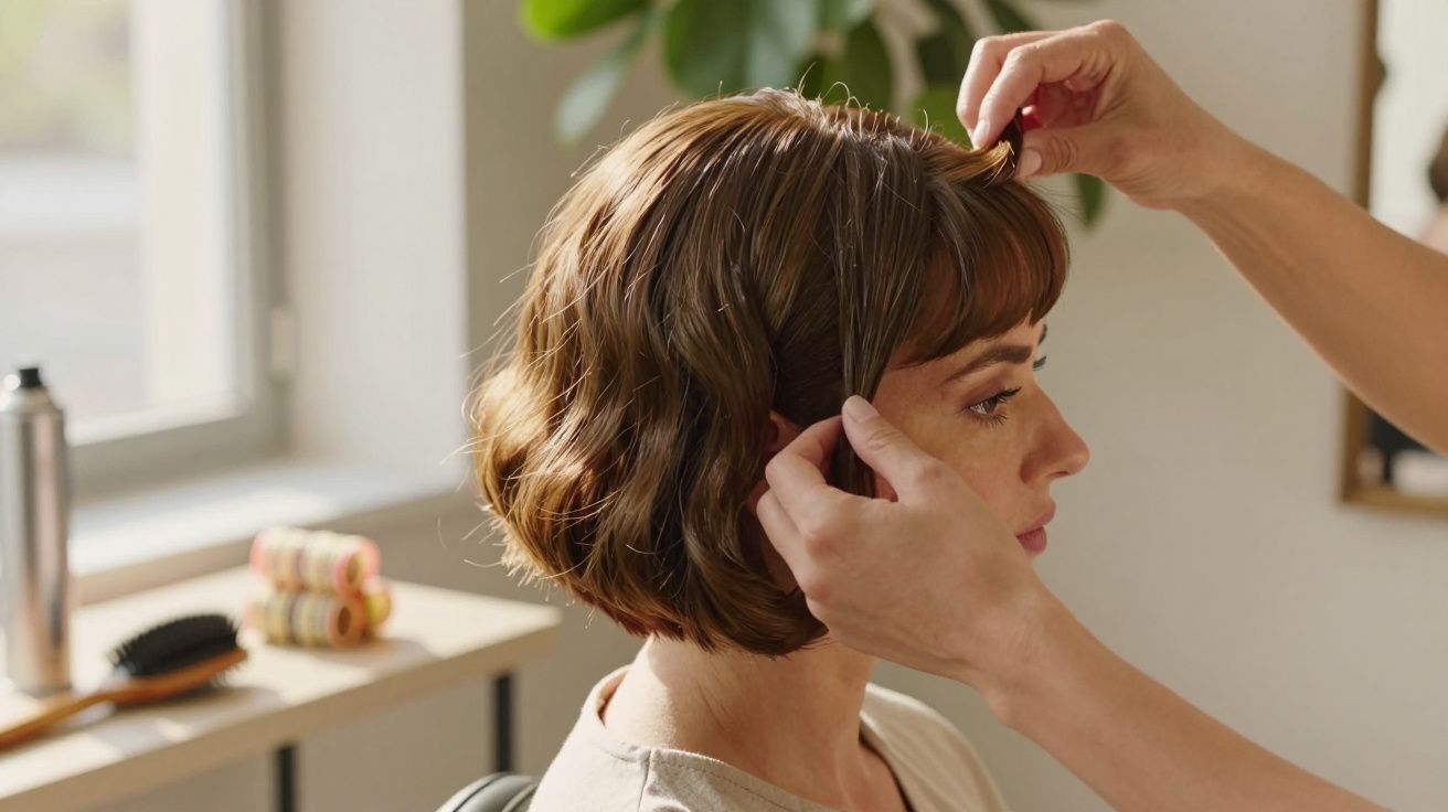 Mulher com cabelo curto ondulado a ser arranjado por cabeleireiro num salão iluminado.