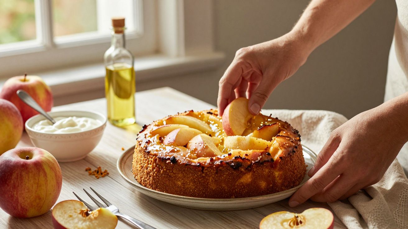 Pessoa a decorar tarte de maçã numa mesa, com maçãs e condimentos ao lado, num ambiente iluminado por janela.