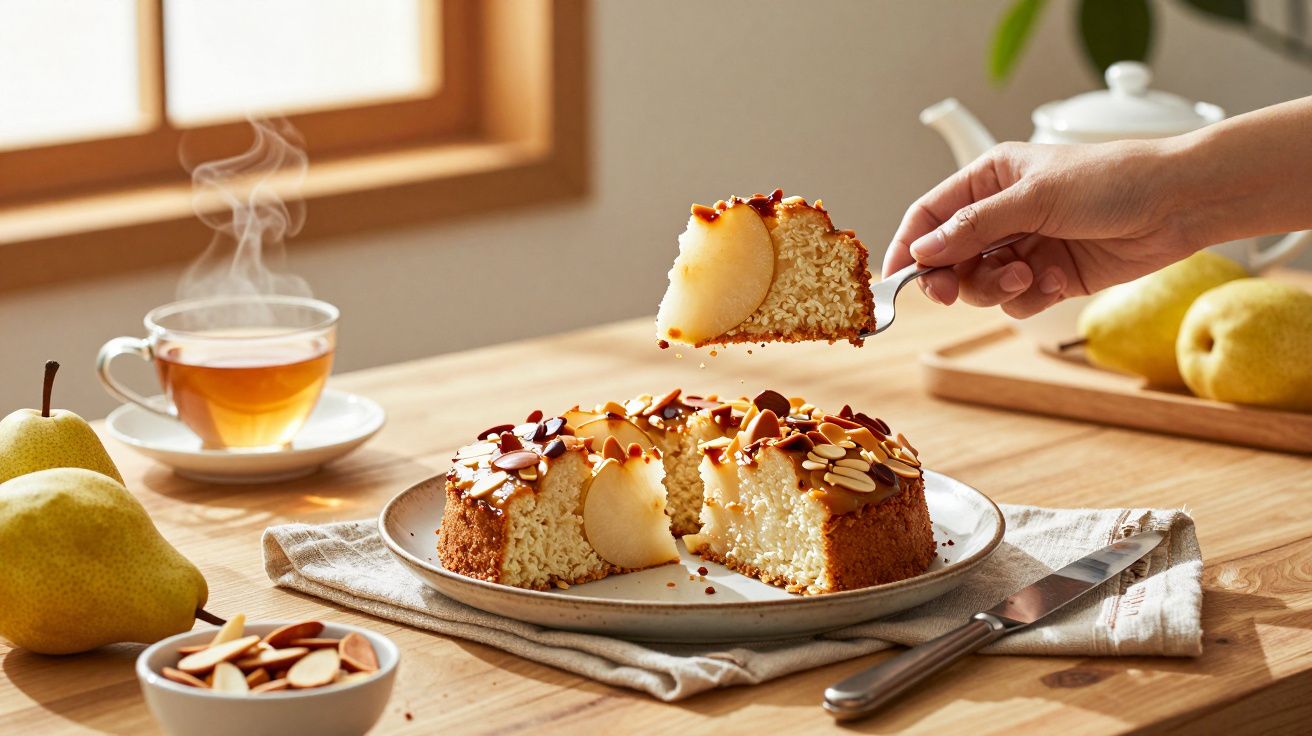 Bolo de amêndoas e pêra fatiado em cima de uma mesa com chá e pêras ao lado.