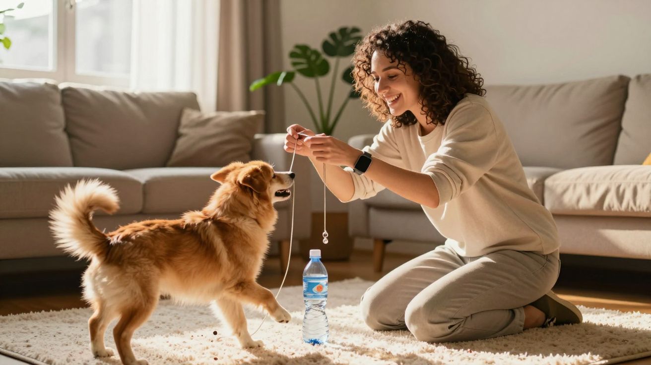Mulher brinca com cão castanho claro numa sala de estar, sorrindo.