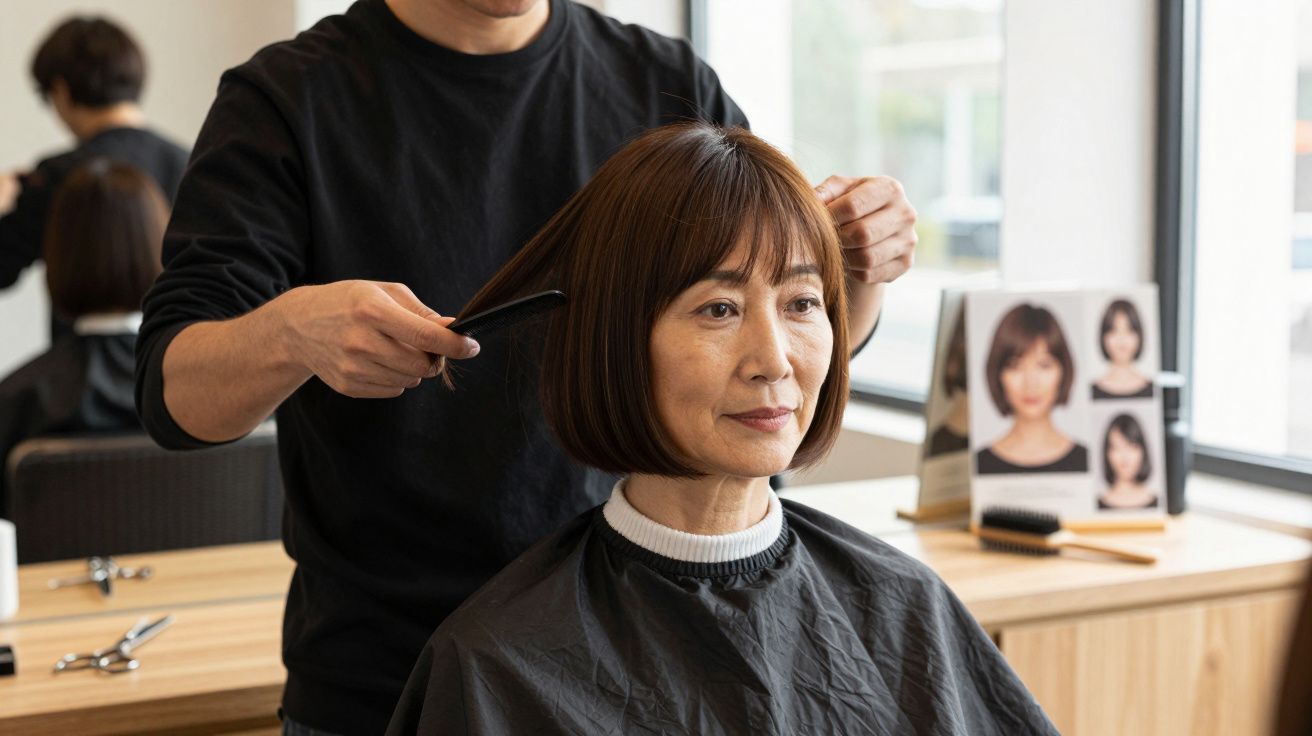 Mulher com cabelo médio a ser penteado por cabeleireiro num salão com espelho e fotos de cortes de cabelo.