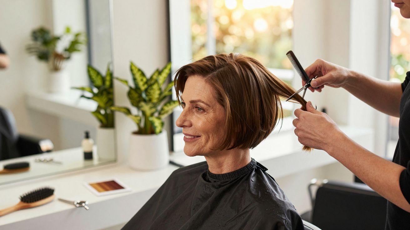 Mulher a sorrir enquanto cabeleireira corta o cabelo curto em salão com plantas ao fundo.