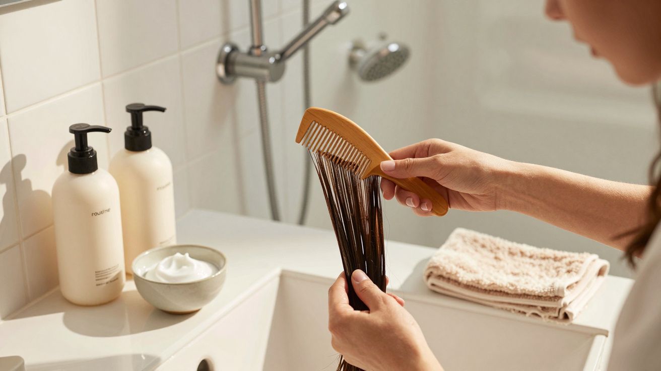 Pessoa a pentear cabelo molhado na casa de banho com frascos de champô ao lado.