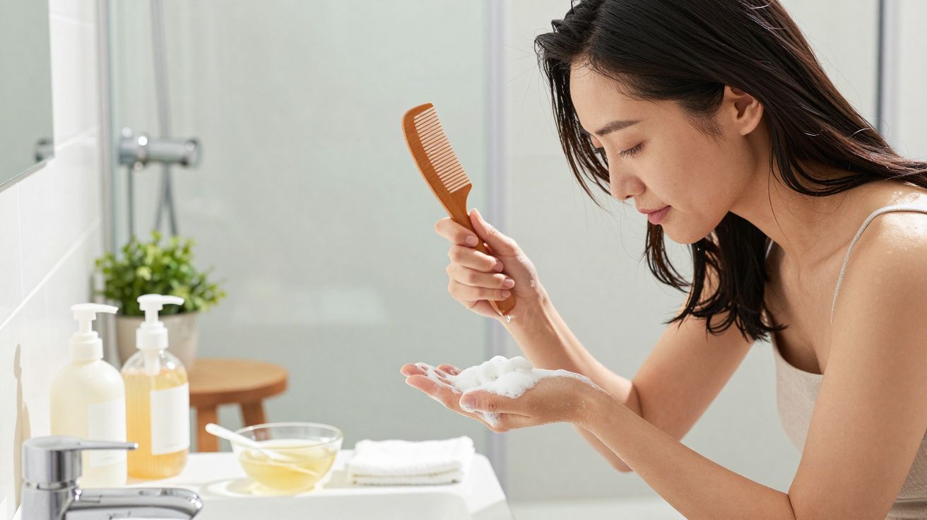 Mulher a segurar pente de madeira e espuma nas mãos, em casa de banho bem iluminada.