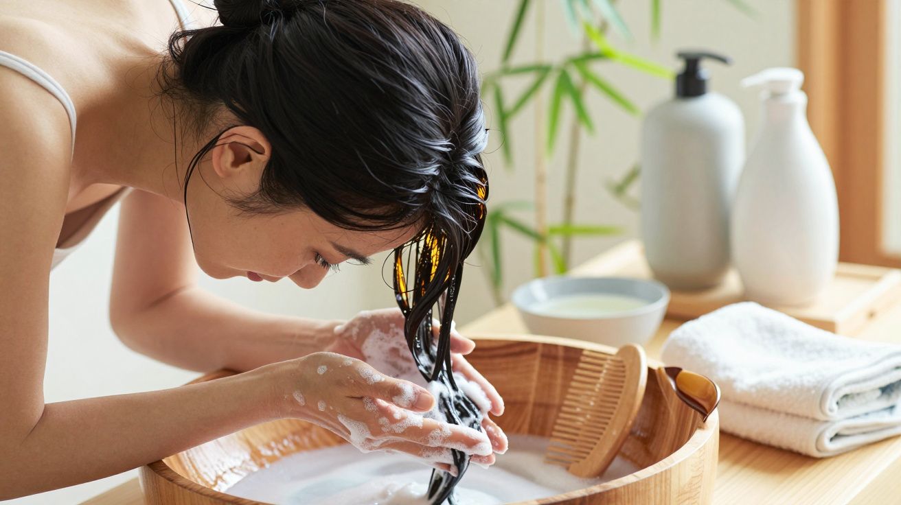 Mulher lavando o cabelo numa bacia de madeira, cercada por toalhas e produtos de higiene.
