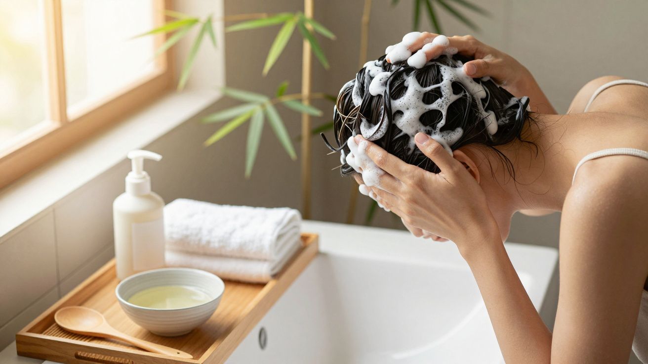Pessoa a lavar o cabelo na banheira, com espuma e produtos ao lado.