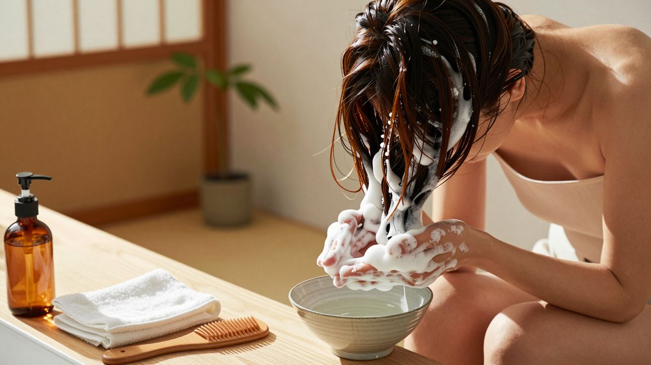 Mulher lava o cabelo com espuma sobre uma bacia, com toalha e pente ao lado.
