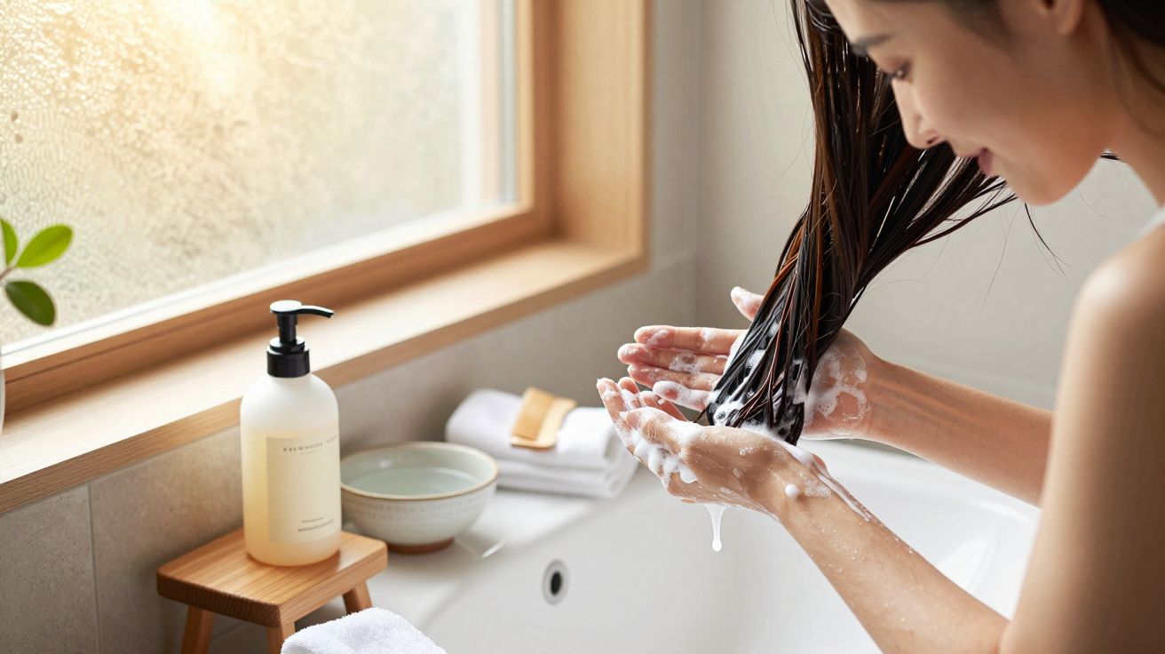 Mulher a lavar o cabelo com champô espumante em casa de banho luminosa, com produtos numa bancada de madeira.