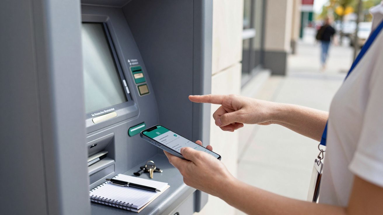 Pessoa a usar smartphone em frente a um multibanco, com um bloco de notas ao lado.