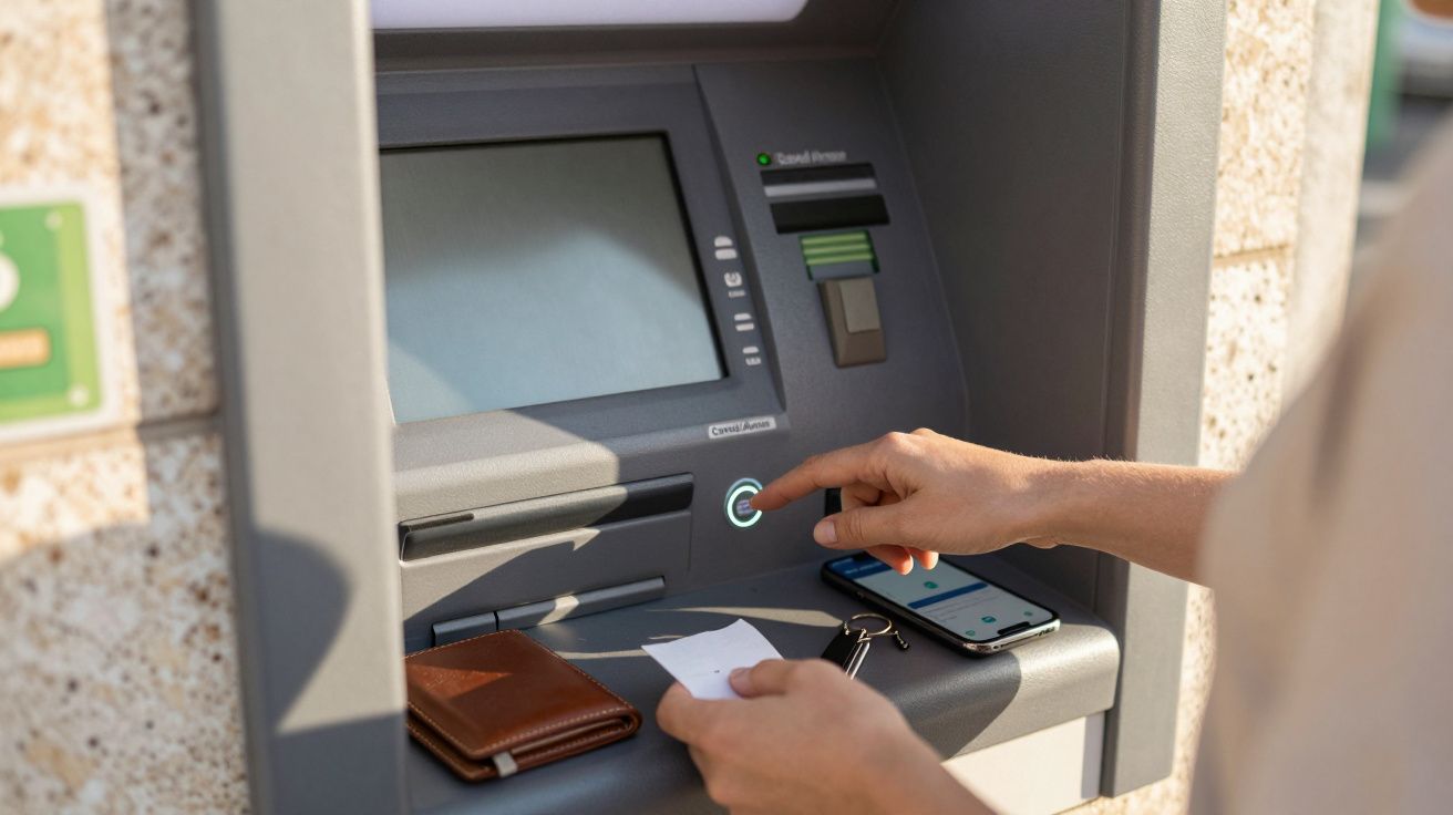 Pessoa a utilizar caixa multibanco, com carteira e telemóvel ao lado, segurando um talão, pronta para realizar uma operação.