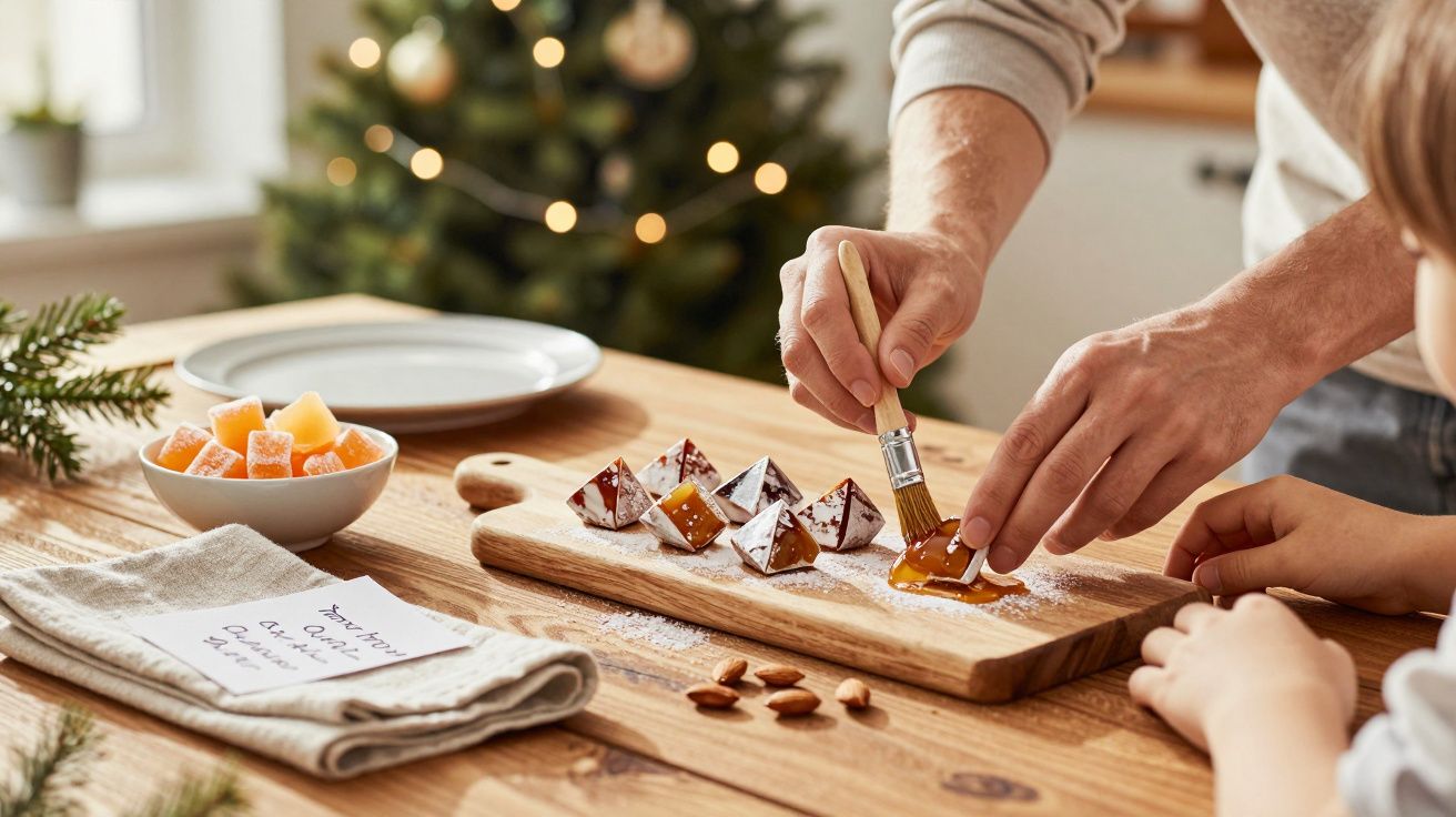 Mão de adulto prepara doces com pincel sobre tábua de madeira, com árvore de Natal ao fundo e criança assistindo.