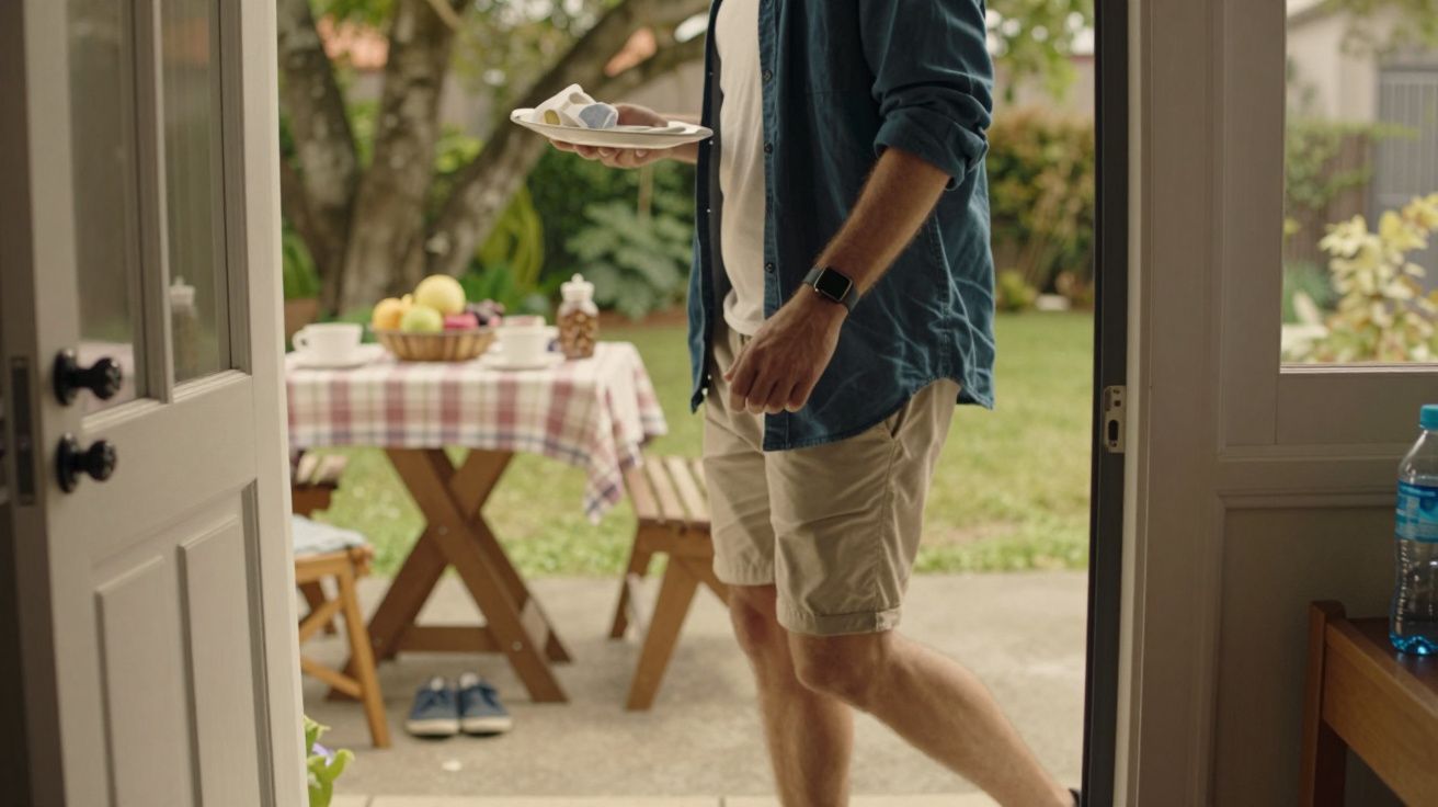 Homem de calções entra em casa segurando um prato; mesa posta no jardim ao fundo.