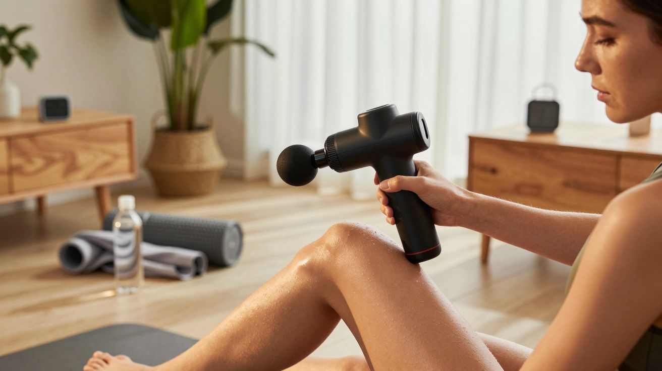 Mulher usa pistola de massagem na perna em sala com plantas e equipamento de exercício.