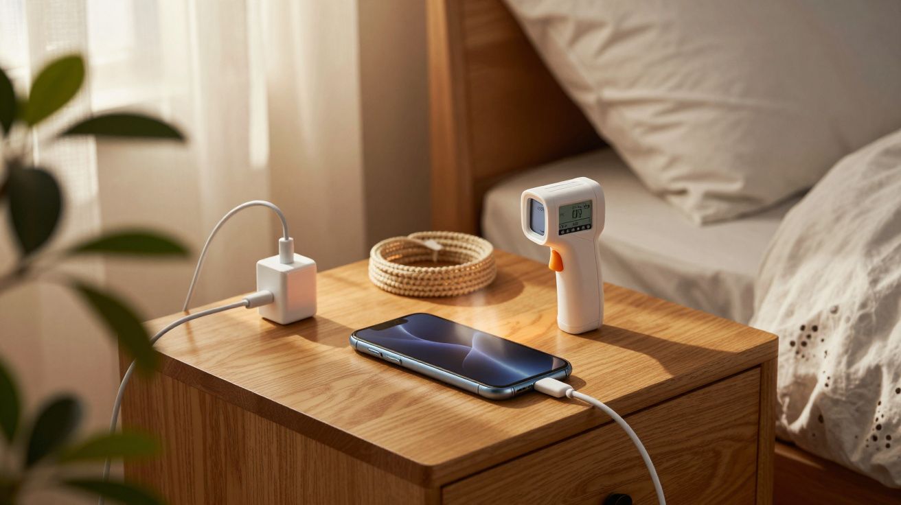 Telemóvel a carregar e termómetro digital numa mesa de cabeceira ao lado de uma cama.