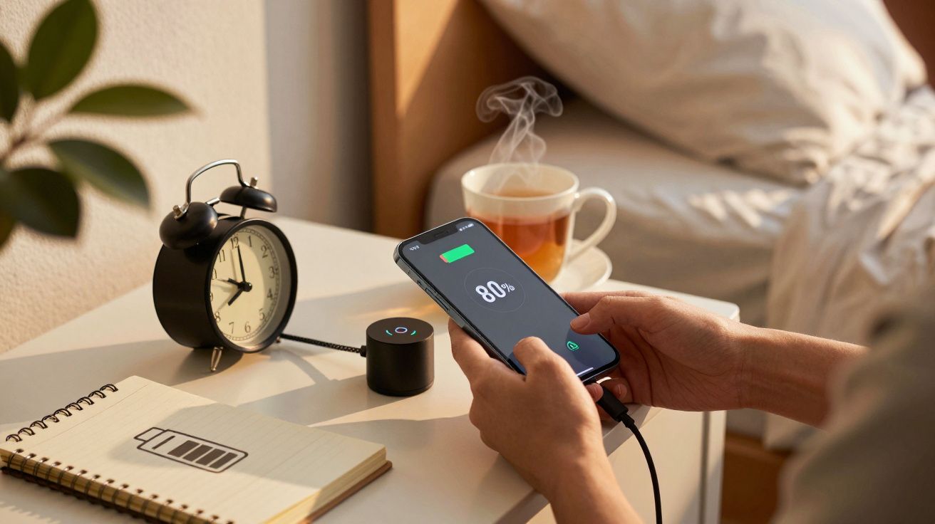 Pessoa segura smartphone a carregar, 80% de bateria. Mesa com relógio antigo, bloco de notas e chá fumegante ao fundo.