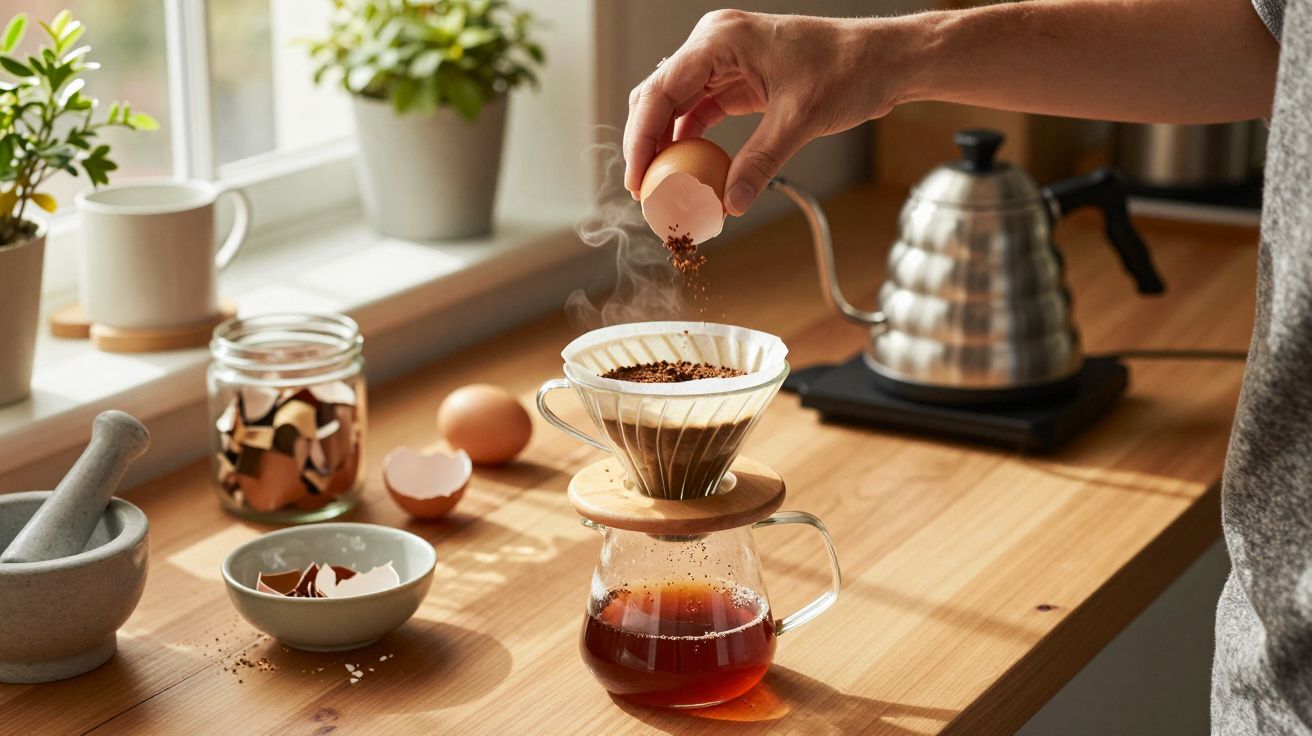 Pessoa adiciona casca de ovo a café coado em suporte sobre jarro, com plantas e chaleira ao fundo.