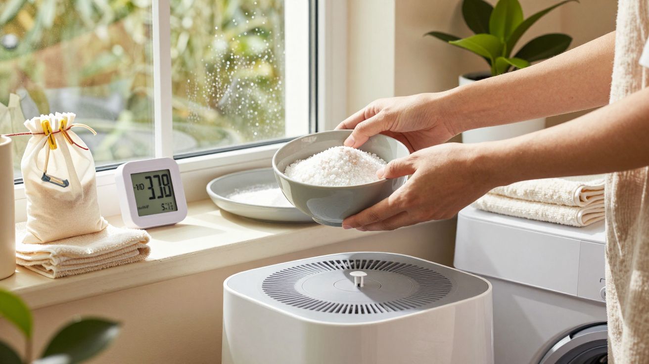 Pessoa segurando tigela de cristais de sal junto a um desumidificador, toalhas e planta ao lado de uma janela úmida.