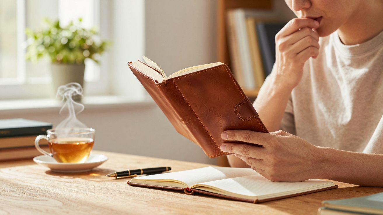 Pessoa a ler livro junto a janela com chá e caderno na mesa.