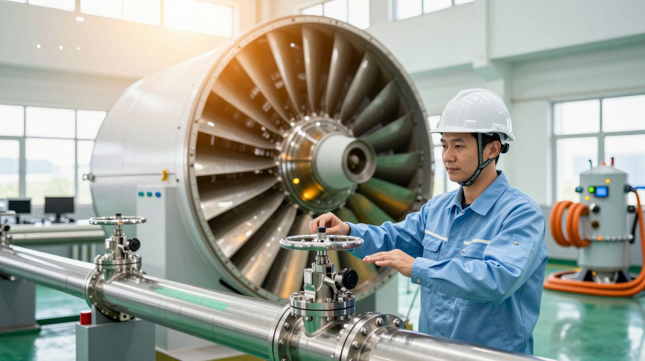 Técnico ajusta válvula num laboratório com grande turbina metálica ao fundo.