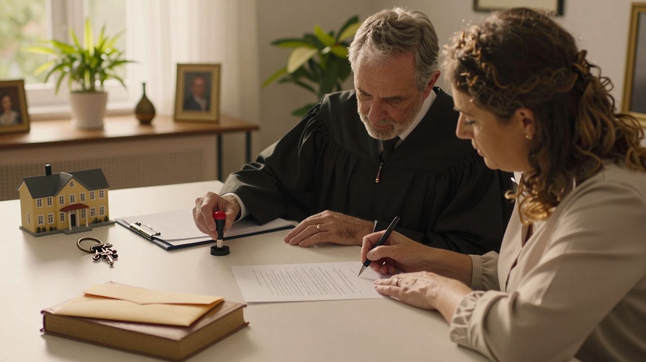 Homem carimba documento, enquanto mulher assina e pequenos objetos como miniatura de casa e chaves estão sobre a mesa.