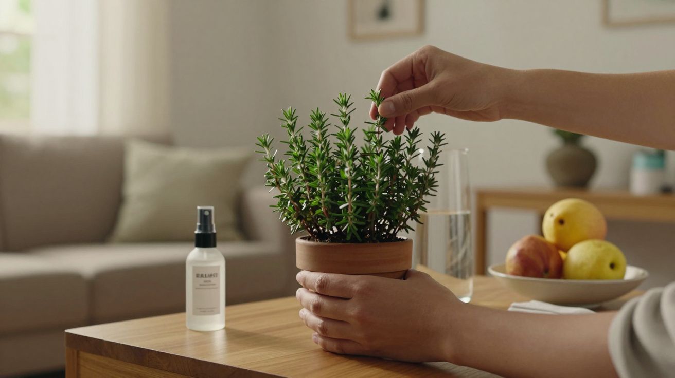 Mãos cuidando de planta em vaso numa mesa de madeira, com spray e frutas ao fundo numa sala moderna.