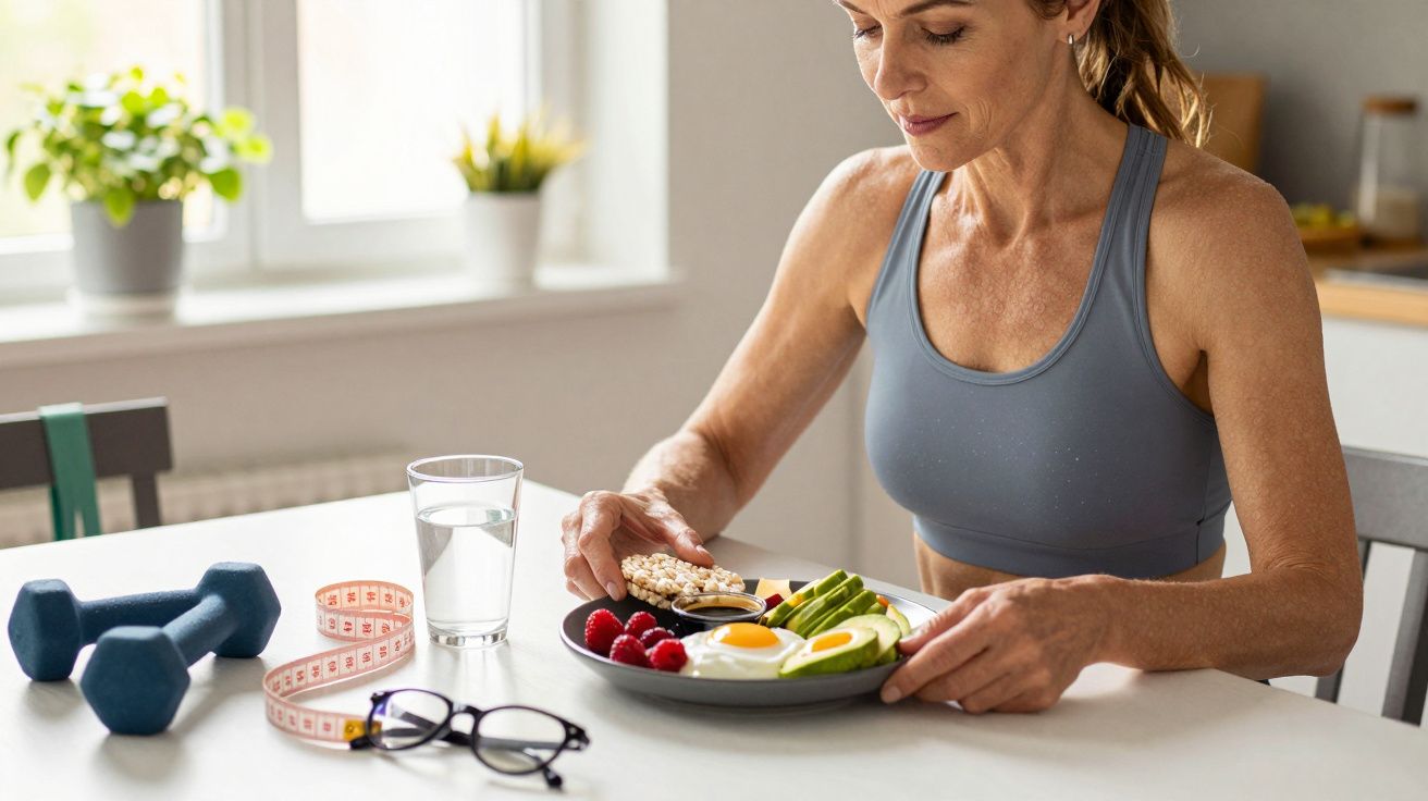 Mulher de roupa desportiva, sentada à mesa, prepara uma refeição saudável com fruta, ovos e abacate, perto de halteres.