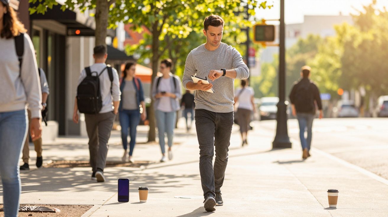 Homem a caminhar na rua a olhar para o relógio. Pessoas e árvores ao fundo em dia ensolarado.