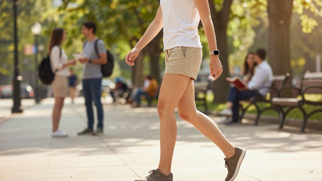 Pessoa a caminhar num parque, com outras ao fundo sentadas em bancos e a conversar.