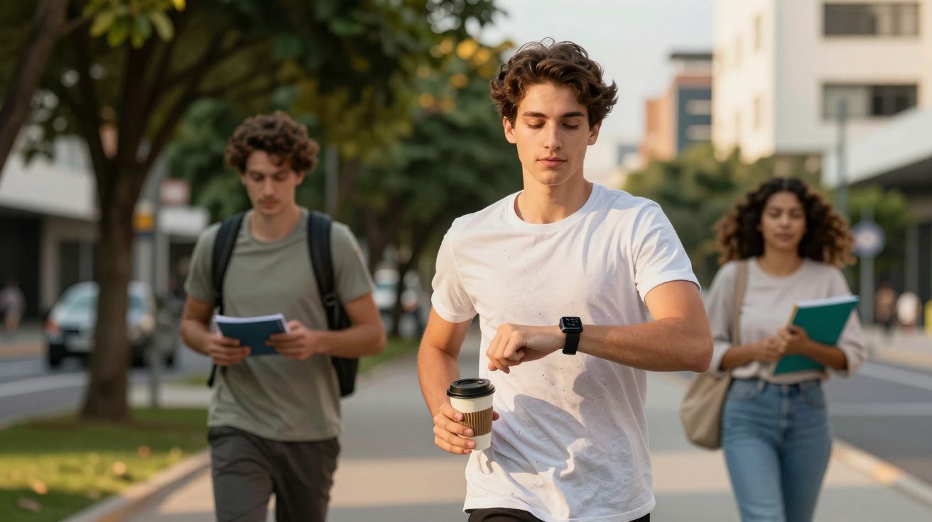 Jovem caminhando numa rua, segurando café e olhando relógio. Outros jovens atrás com livros e mochilas.