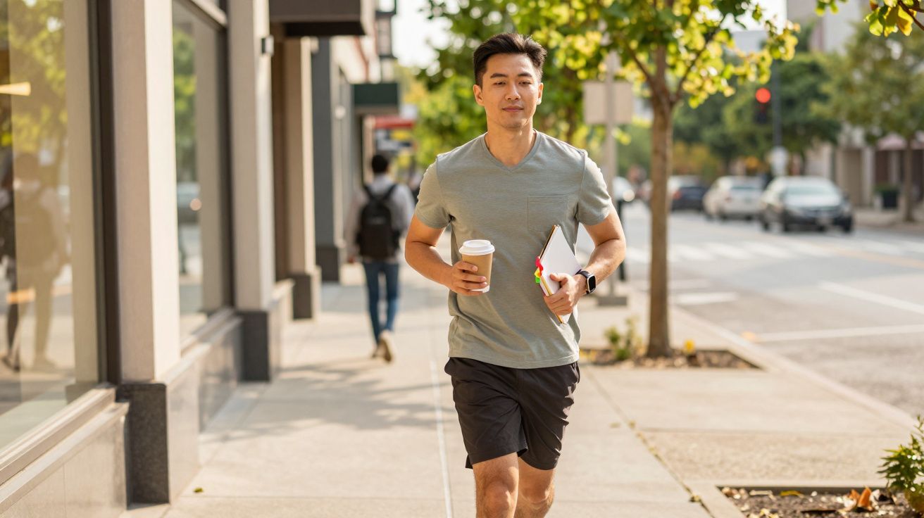 Homem a correr na rua com um café e caderno na mão, numa área urbana com árvores e edifícios ao fundo.