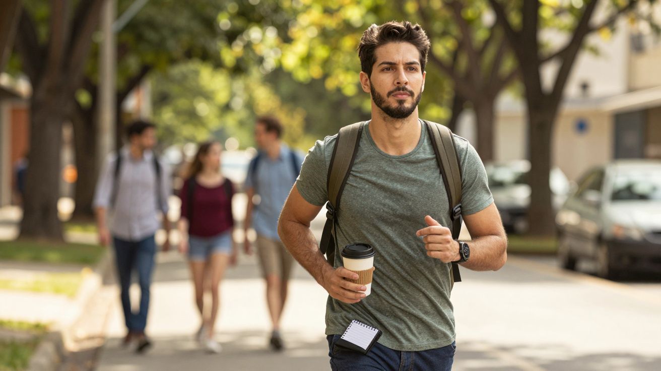 Homem a andar com café na mão e mochila nas costas, numa rua arborizada, com outras pessoas ao fundo.