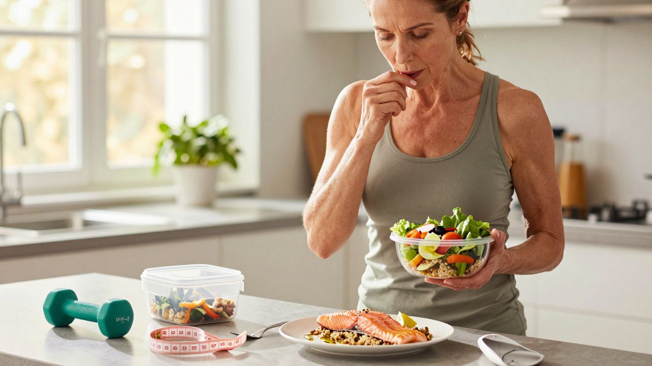 Mulher em cozinha, segurando tigela de salada, com prato de salmão e fita métrica na bancada.
