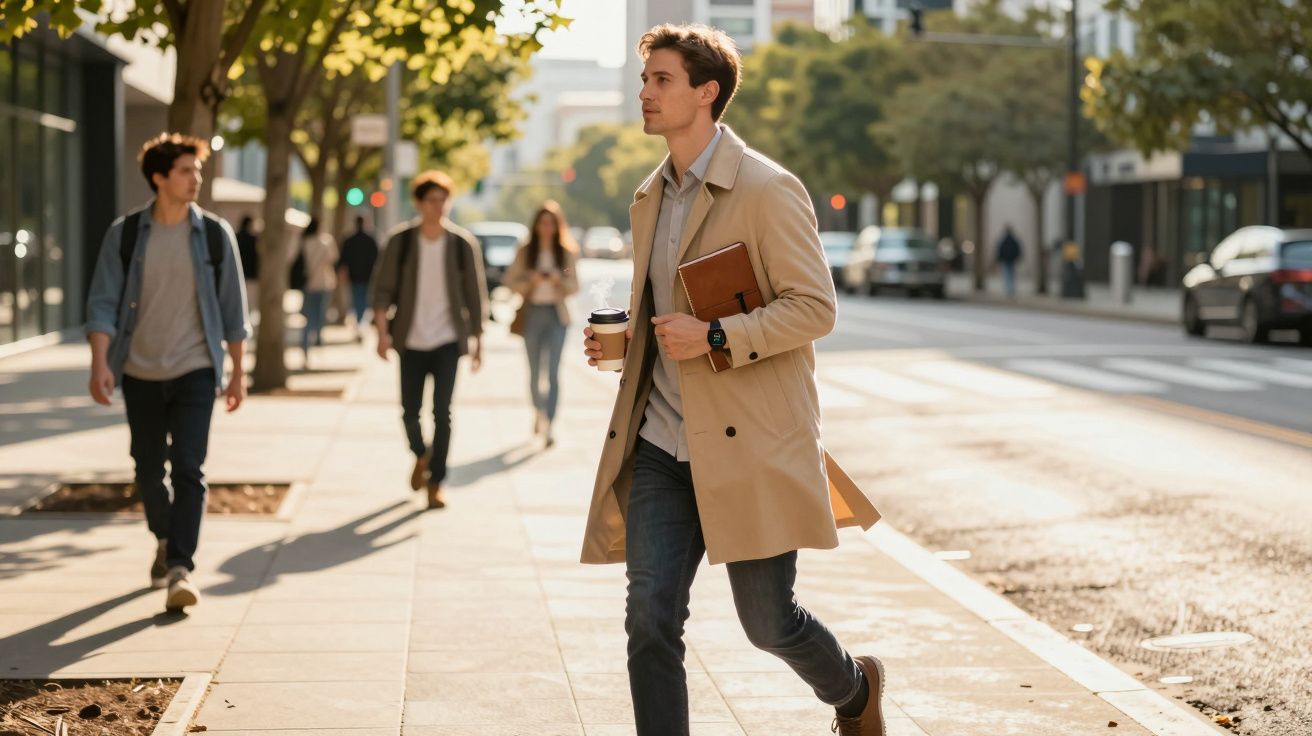 Homem de sobretudo caminha na rua com café e caderno, rodeado de pedestres e árvores de outono.