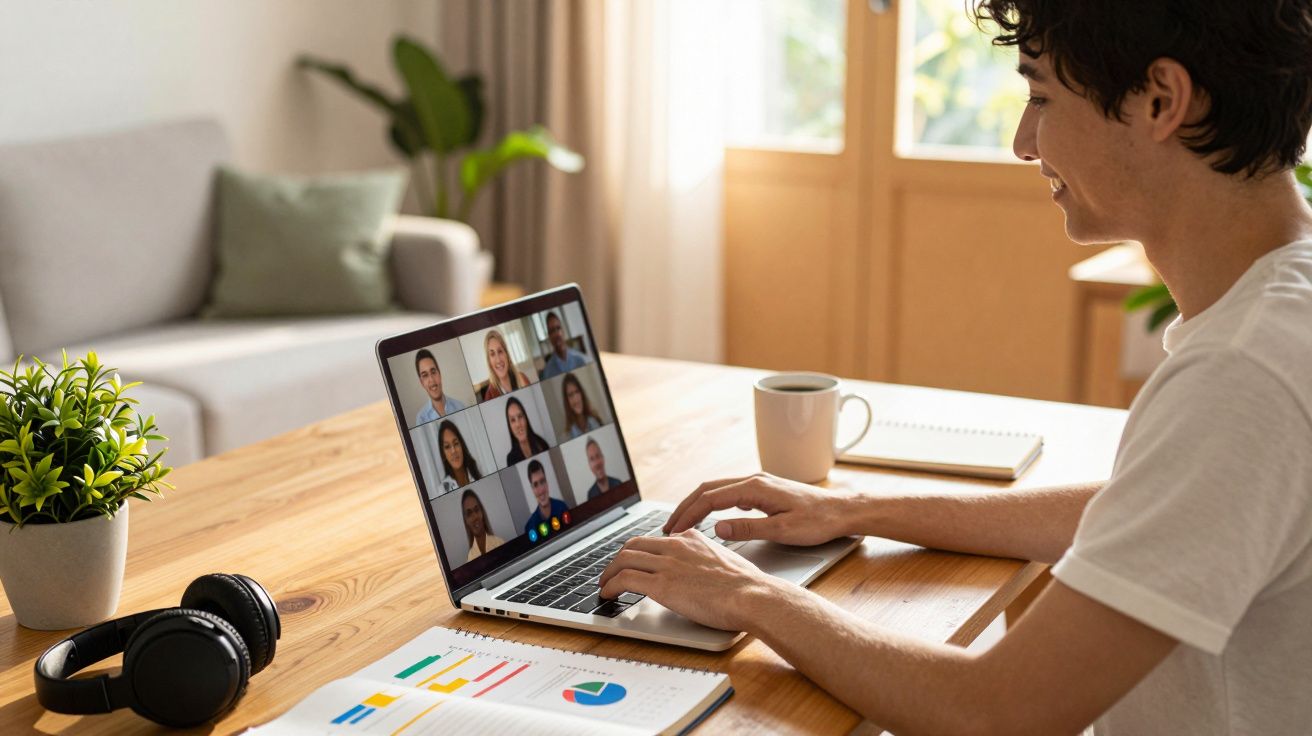 Homem em videochamada num laptop, numa sala com planta e auscultadores na mesa.